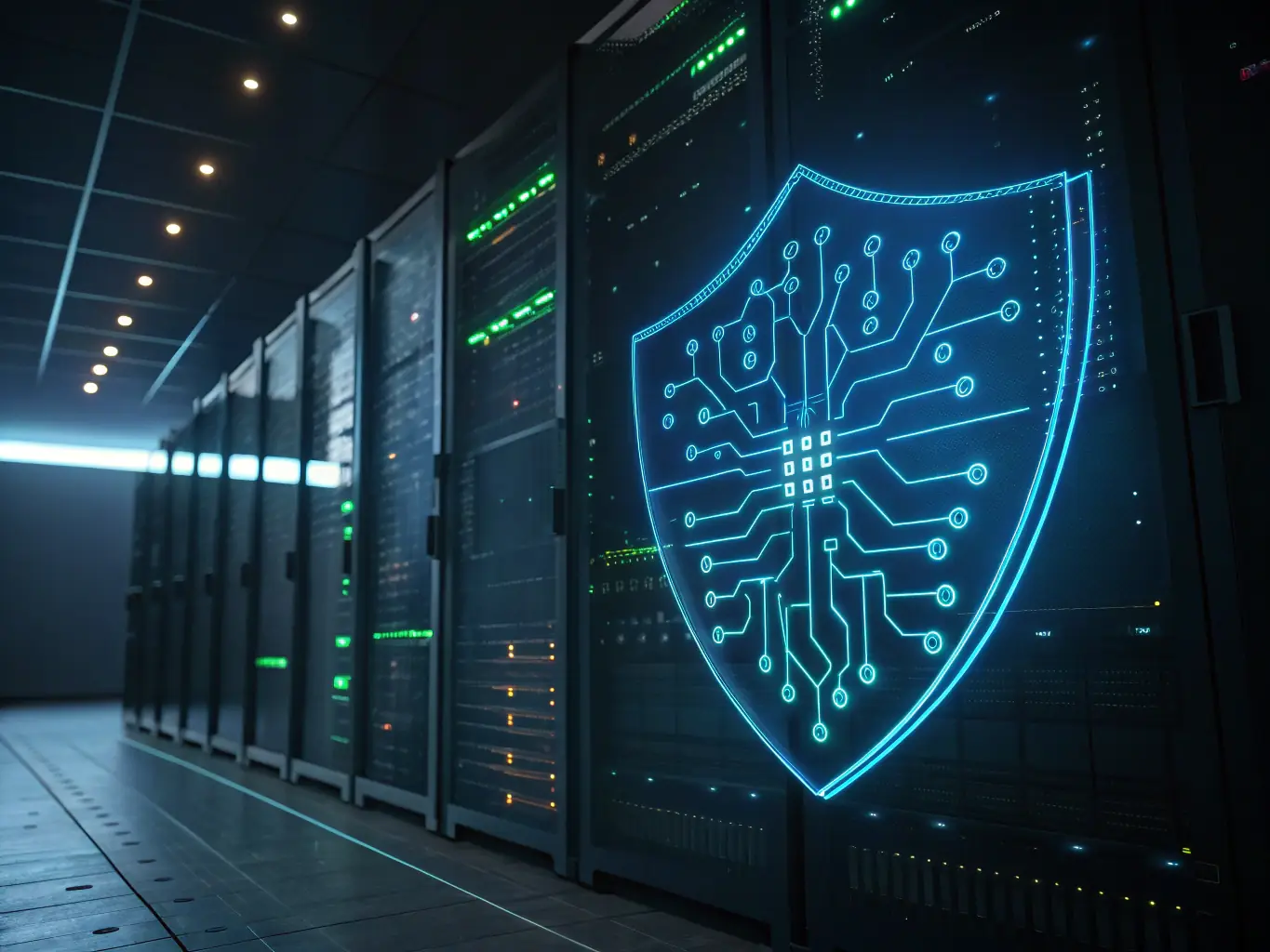 A digital illustration of a shield overlaid on a network of interconnected nodes, symbolizing the robust security and compliance features of the Orbipay Payments Hub.