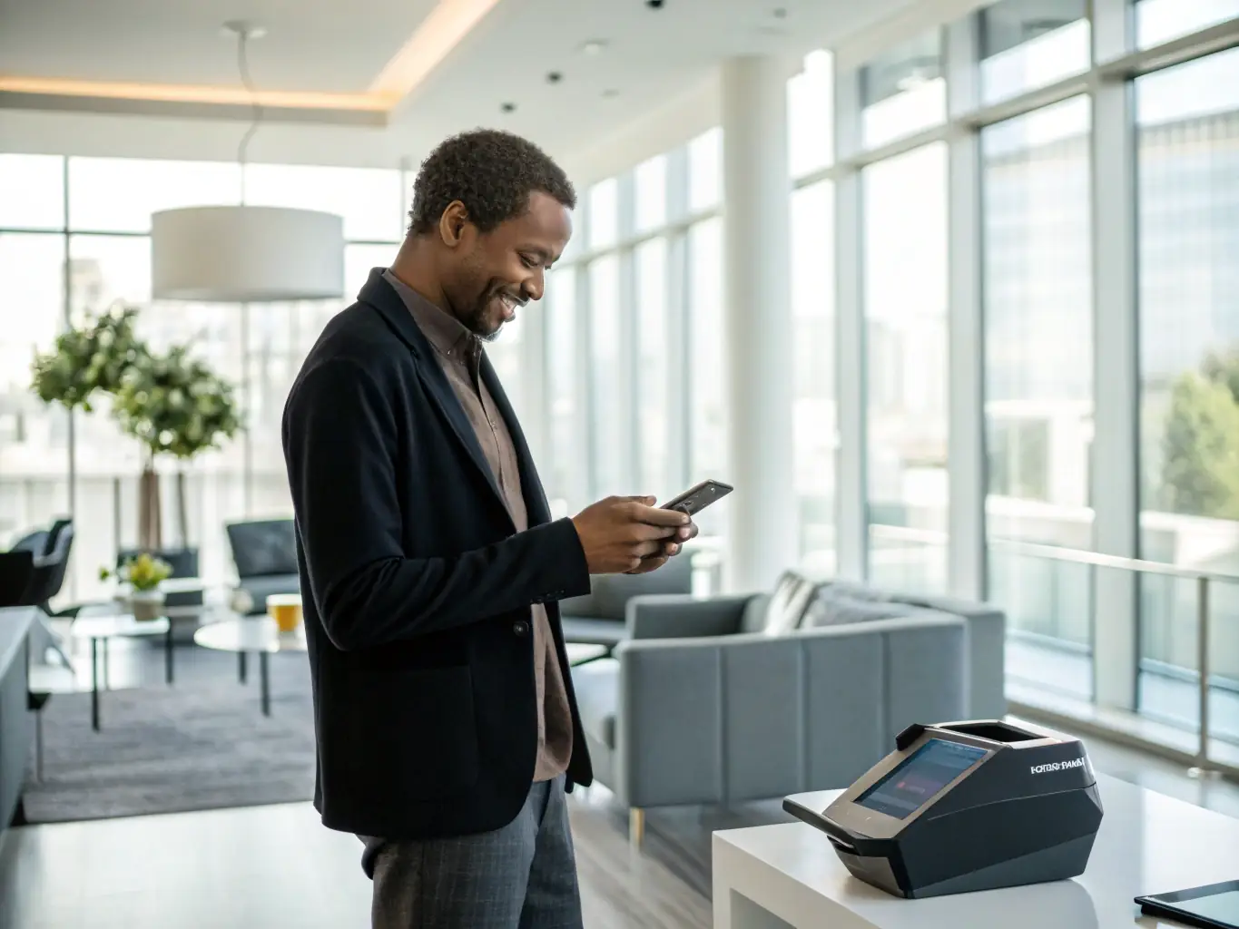 A professional banker reviewing real-time payment data on a tablet, with a modern bank branch visible in the background, symbolizing efficient and informed decision-making.