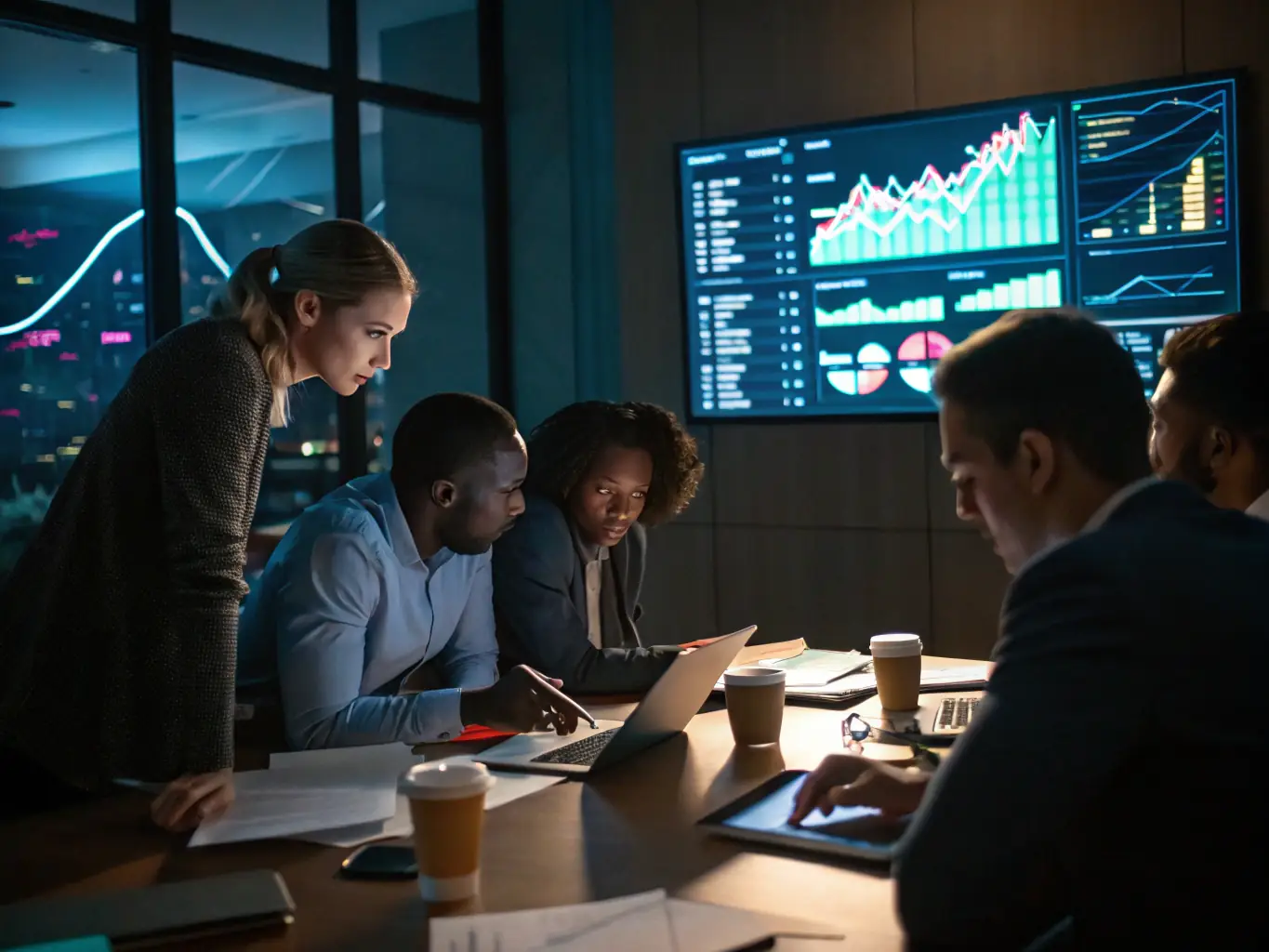 A professional setting showcasing a team collaborating around a large interactive display, reviewing real-time payment processing data and analytics, emphasizing teamwork and data-driven decision-making.