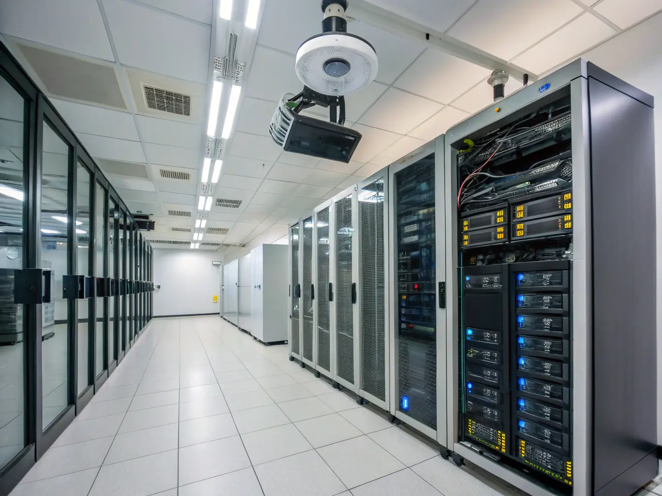 A secure server room with blinking lights and visible security protocols, representing the robust security infrastructure of the Orbipay Payments Hub.